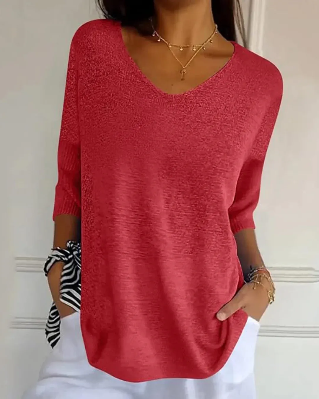 Blusa de Punto Ligera con Cuello en V y Manga Francesa para Mujer - Imagen 4