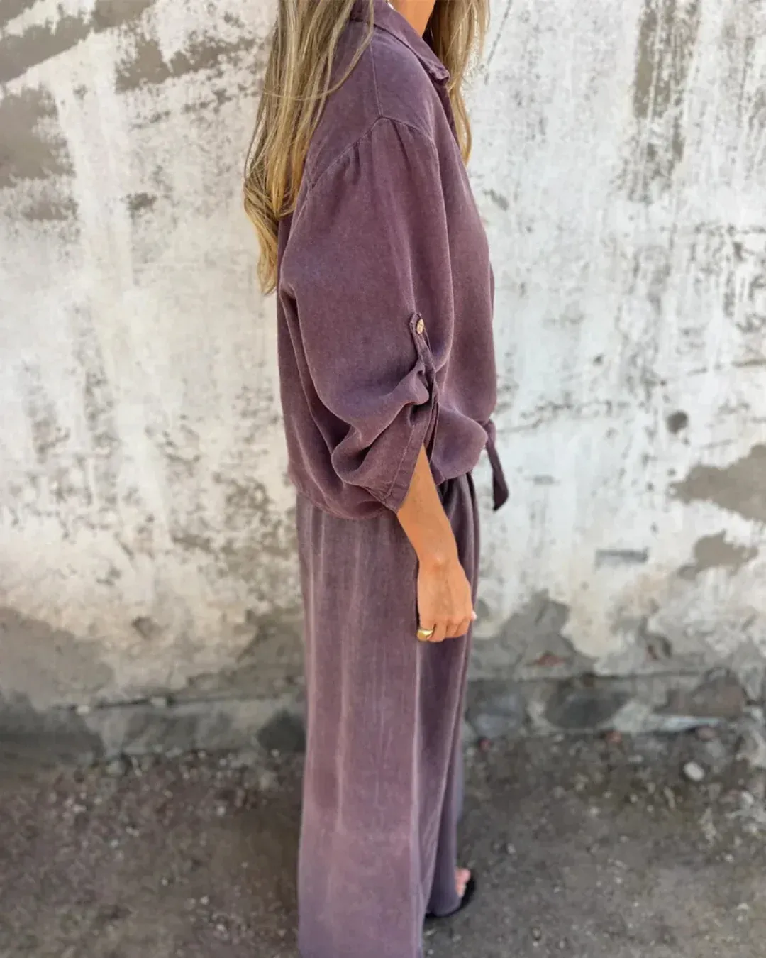 Conjunto de 2 Piezas con Mono Largo de Pierna Ancha para Mujer con Camisa de Botones y Lazo Frontal - Imagen 8