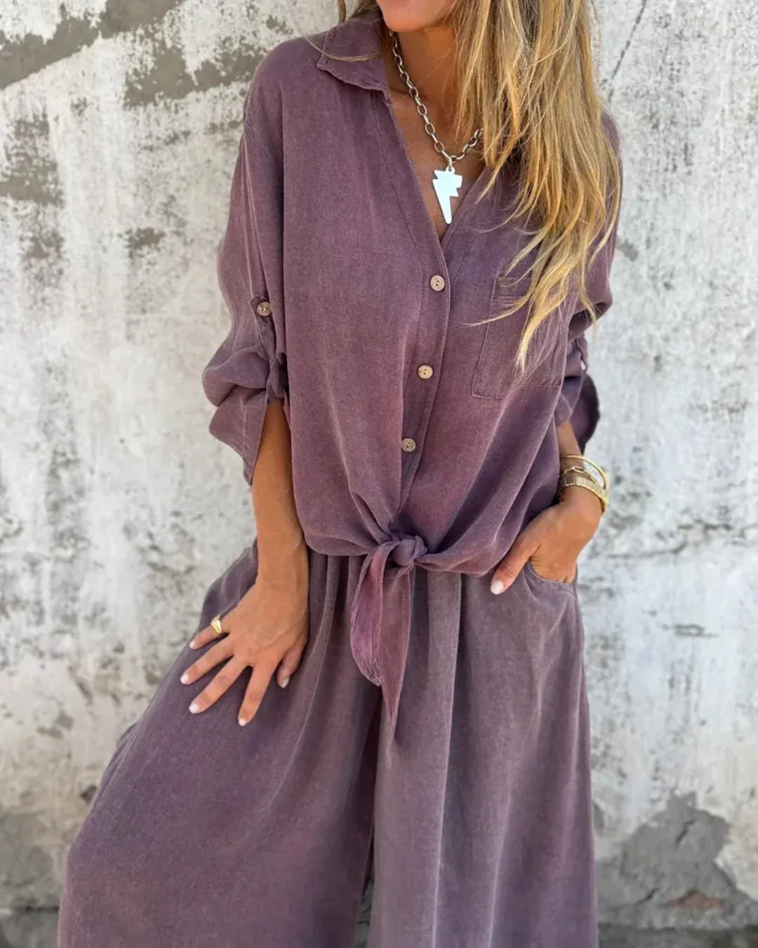 Conjunto de 2 Piezas con Mono Largo de Pierna Ancha para Mujer con Camisa de Botones y Lazo Frontal - Imagen 9